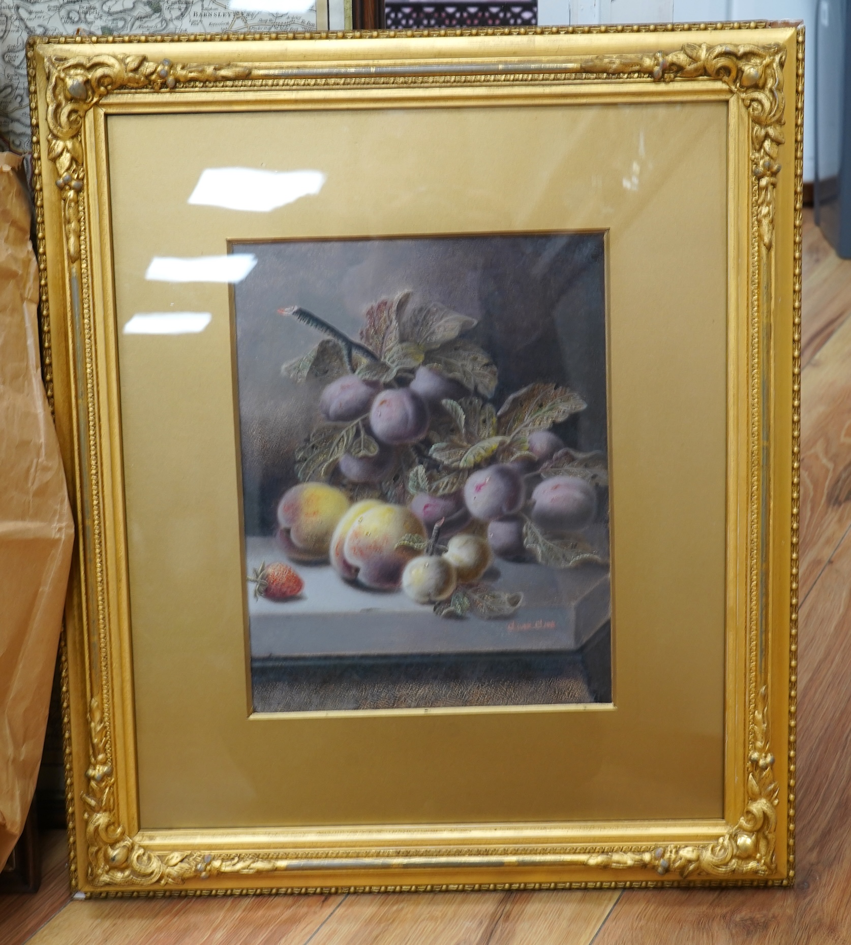 Oliver Clare (1853-1927), Still life of plums, signed, oil, ornate gilt frame, 29 x 23cm